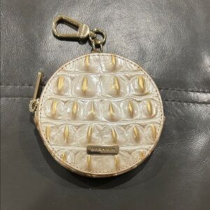 Brahmin Metallic Cream Croc-Embossed Round Coin Pouch with Gold Hardware